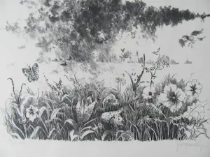 Jan Mensinga - Litho, Compositie met planten, vlinders en vogels kopen? Bied vanaf 40!