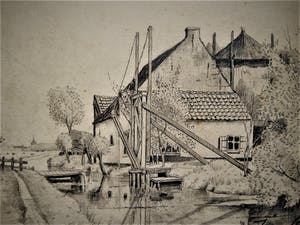 Jacob van Rossum - omstreeks 1920 - potlood - "Boerderij en ophaalbrug" - gesigneerd kopen? Bied vanaf 28!