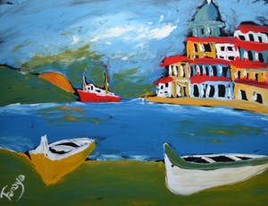 Niet of onleesbaar gesigneerd - Bootjes aan de kust - kleurig werk - gesigneerd kopen? Bied vanaf 10!