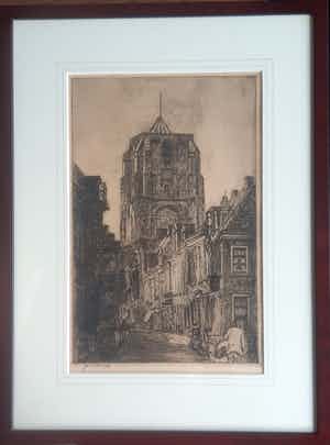 Johannes Elsinga - Oldehove te Leeuwarden gezien vanuit de Grote Kerkstraat verkocht voor € 125!