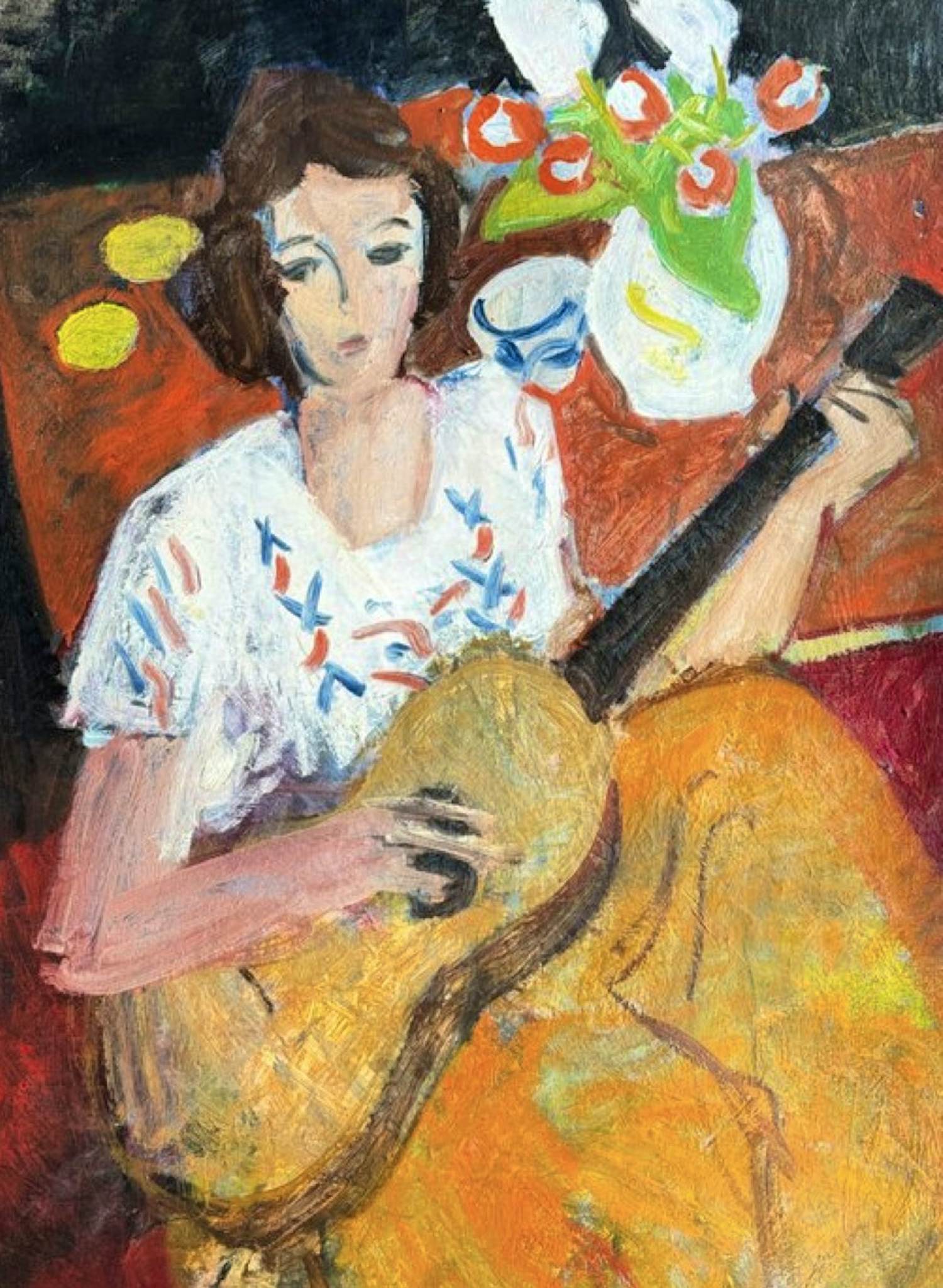 Rene Mels - Frau mit Gitarre – Großes und wunderschönes ausdrucksstarkes Gemälde kopen? Bied vanaf 800!