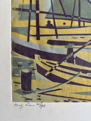 Geert Geerligs - linosnede: bootjes in de haven kopen? Bied vanaf 35!