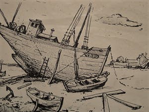 Henk Munnik - Nieuwe Haagse School -Ets - Aangespoelde vissersboot - gesigneerd kopen? Bied vanaf 1!