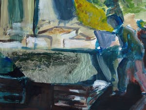 Niet of onleesbaar gesigneerd - Acrylverf en collage , De markt op een regenachtige dag – ingelijst - Groot kopen? Bied vanaf 1!