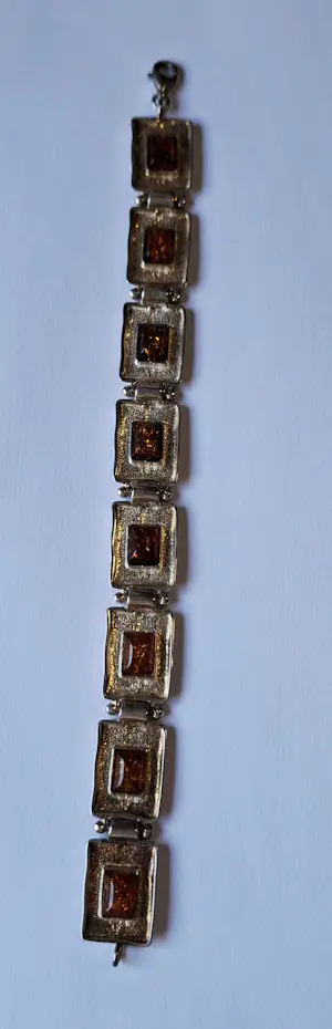 Ambachtelijke prachtige goudbruin amber sterling zilveren schakel armband kopen? Bied vanaf 125!