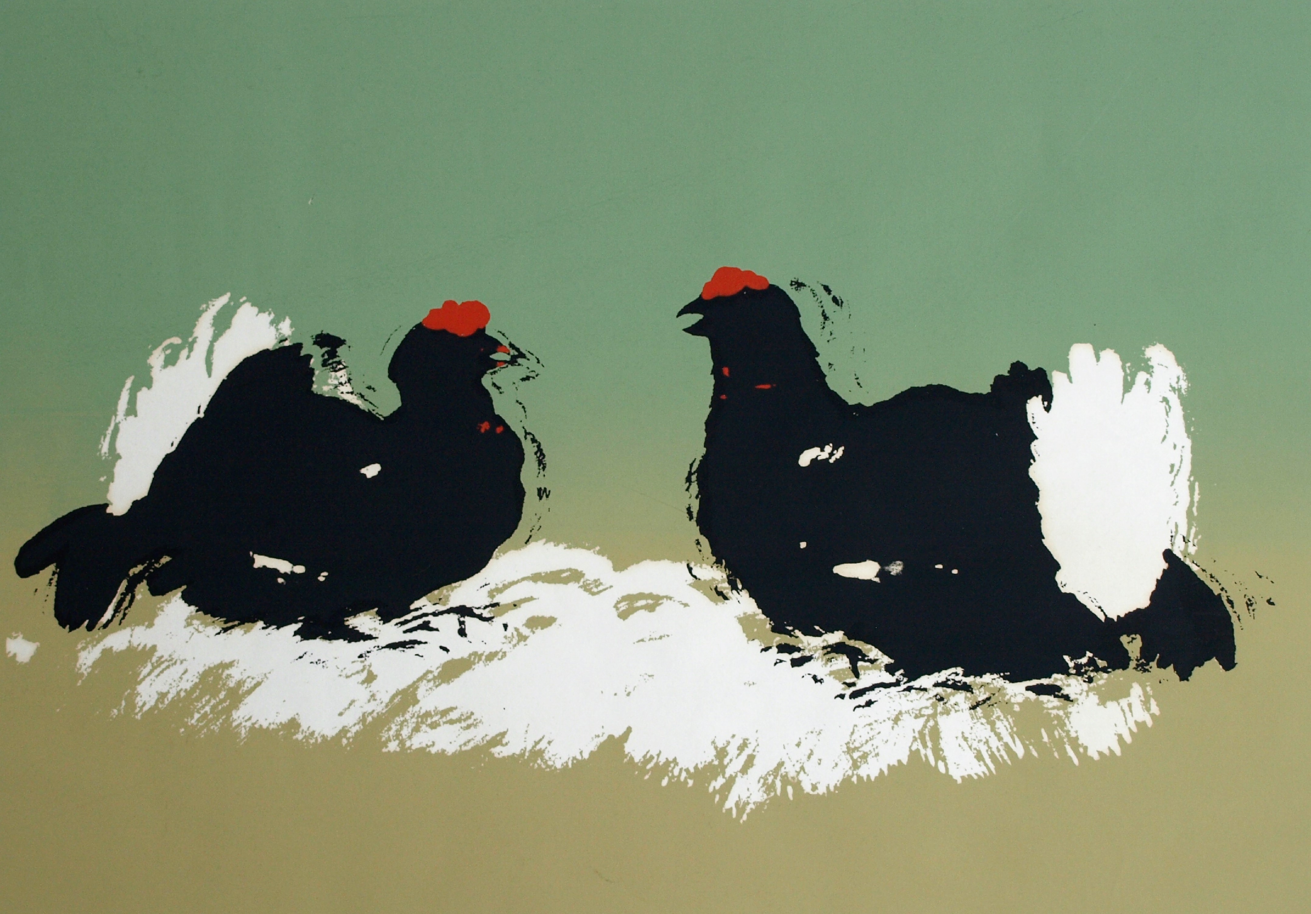 Niet of onleesbaar gesigneerd - Zeefdruk , 2 Zwarte kippen – gesigneerd – 1980 – oplage 10/20 kopen? Bied vanaf 1!