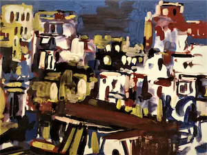 Jelle Hoogstra - Mooie expressionistische 1994 Gouache "stadsgezicht" profess. ingelijst kopen? Bied vanaf 73!