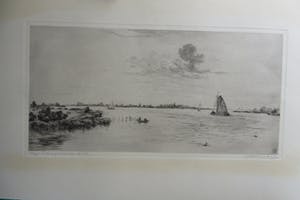 Johan Hemkes - Waterlandschap met zeilschepen en op de achtergrond een dorp met molen. kopen? Bied vanaf 20!