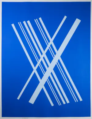 Willem Hussem - Zeefdruk, Compositie met gekruiste lijnen in blauw - Ingelijst kopen? Bied vanaf 200!