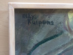 Elly Kuipers - olieverf op doek - vrolijk straatbeeld uit de jaren '70/'80 kopen? Bied vanaf 1!