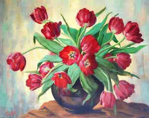 Willem de Kok - Tulpen in vaas. Stilleven. verkocht voor € 130!