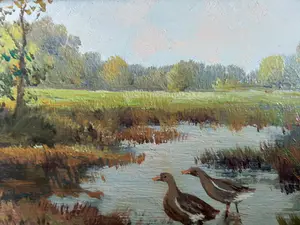 Niet of onleesbaar gesigneerd - 2 fraaie landschapsschilderijtjes met koeien en eenden kopen? Bied vanaf 1!