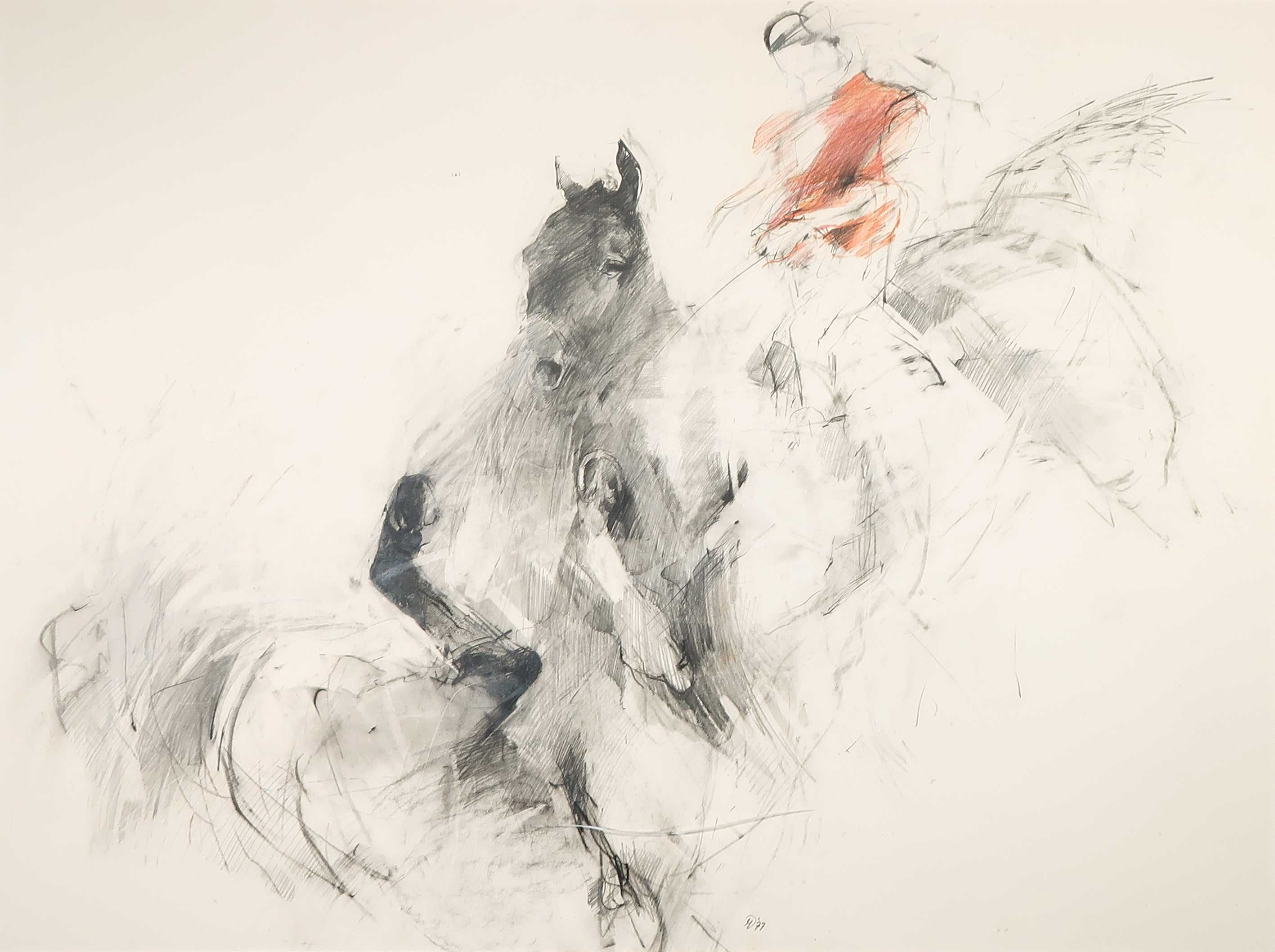 Mirjam Verhoeff - Potloodtekening, Ruiter op paard (Zeer groot) - Ingelijst kopen? Bied vanaf 20!