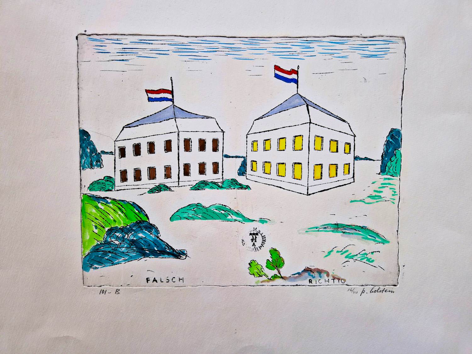 Pieter Holstein - Grote handgekleurde Ets - Falsch / Richtig - kleine oplage (16/40) gesigneerd verkocht voor € 40!