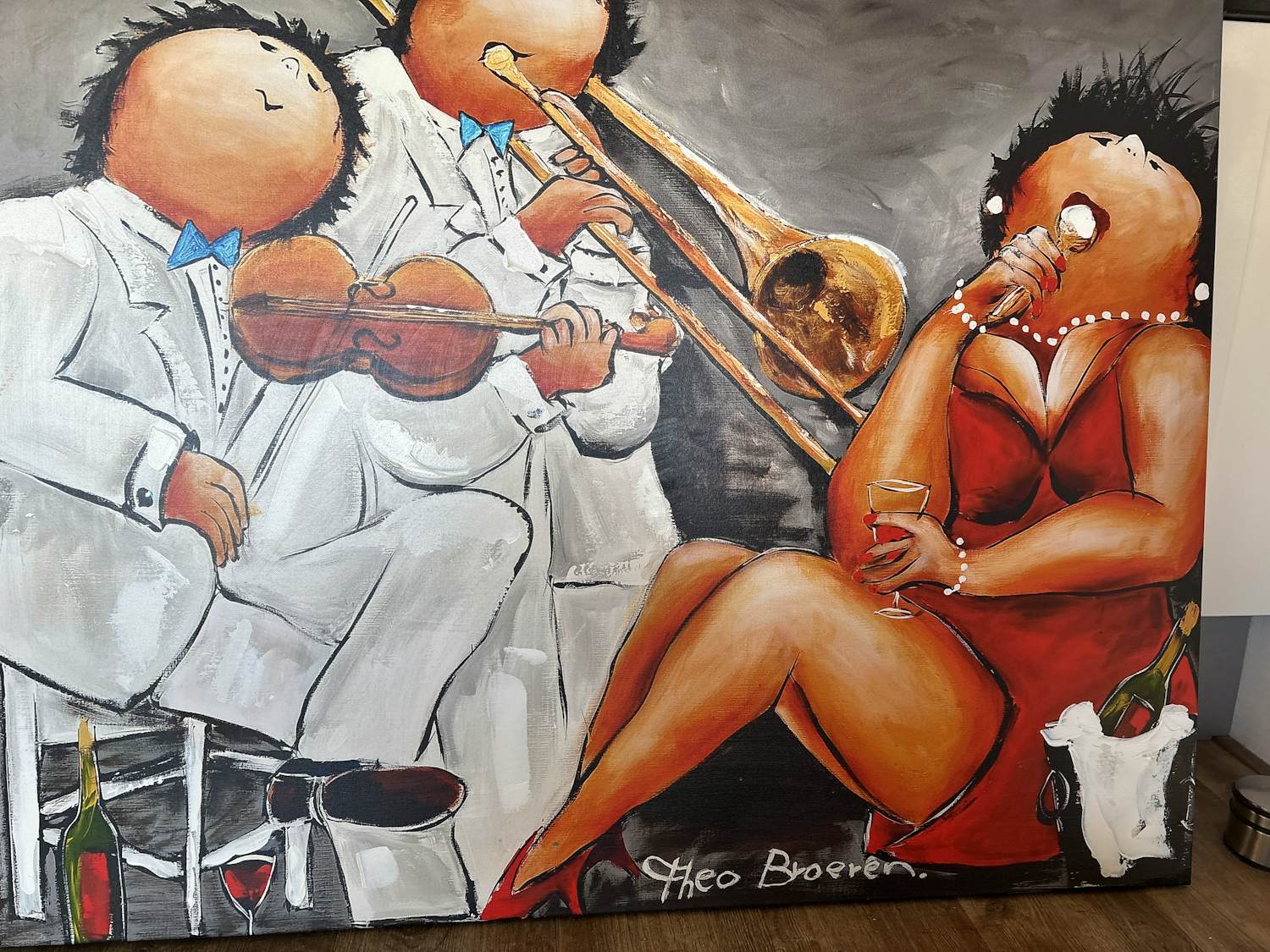 Theo Broeren - Glicée met Acryl op doek “ Muziek spelen “ (ZEER GROOT) kopen? Bied vanaf 145!