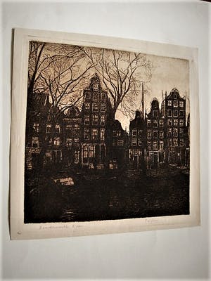 Pol Dom - Sfeervolle droge naald Ets "Amsterdam huizen aan de Noordermarkt" gesigneerd kopen? Bied vanaf 20!