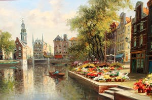 Hendrik ten Hoven - Ingelijste olieverf op paneel: Dutch flower market Amsterdam kopen? Bied vanaf 500!