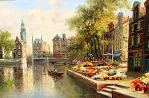 Hendrik ten Hoven - Ingelijste olieverf op paneel: Dutch flower market Amsterdam verkocht voor € 500!