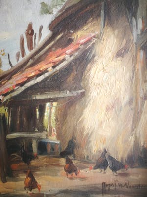 August Willem van Voorden - Boerenerf met kippen en hooiberg. kopen? Bied vanaf 225!