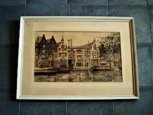 Jan den Hengst - Mooie ca 1950 geschilderde verstilde Aquarel "Amsterdam boot aan gracht" verkauft für € 38!