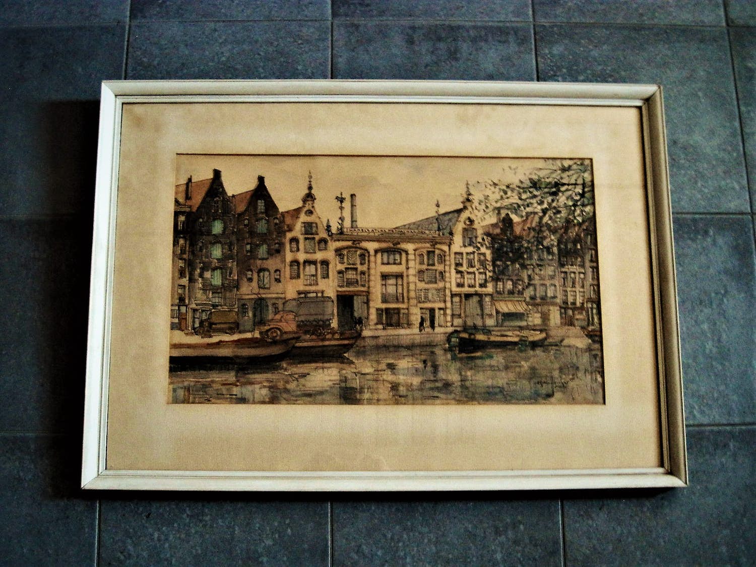 Jan den Hengst - Mooie ca 1950 geschilderde verstilde Aquarel "Amsterdam boot aan gracht" kopen? Bied vanaf 38!