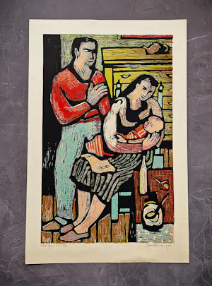 Jan Battermann - originele in 1956 gemaakte kleuren houtsnede "het gezin" gesigneerd kopen? Bied vanaf 47!