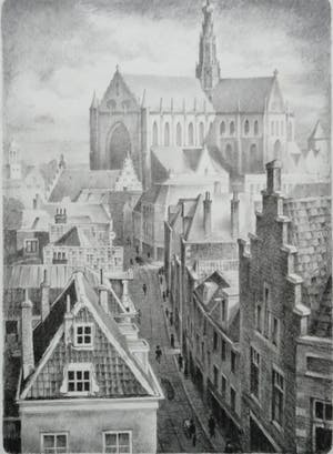 Huib de Ru - Grote Houtstraat met Sint Bavokerk te Haarlem kopen? Bied vanaf 40!