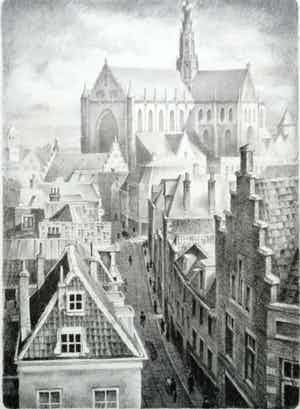 Huib de Ru - Grote Houtstraat met Sint Bavokerk te Haarlem verkocht voor € 40!