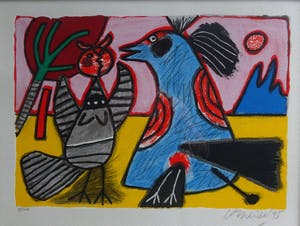 Corneille - Recontre- blauwe vogel in gesprek met grijze vogel- zeefdruk- kleurenlitho kopen? Bied vanaf 150!