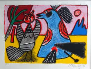 Corneille - Recontre- blauwe vogel in gesprek met grijze vogel- zeefdruk- kleurenlitho verkocht voor € 150!