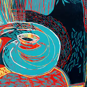 Diana van Hal - linosnede: La pêche II - 1992 verkocht voor € 35!