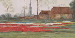 Niet of onleesbaar gesigneerd - Gezicht op een bollenveld met op de achtergrond een boerderij bij een kerk kopen? Bied vanaf 1!