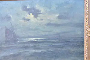 Buy Romain Steppe - Vissersboot onder zeil varend bij maanlicht dicht bij het strand? Bid from 180!