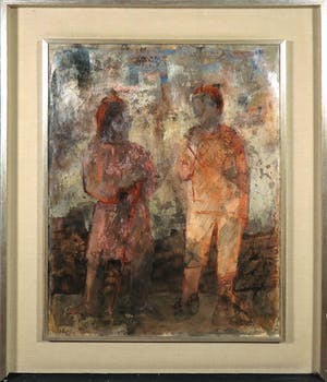 Niet of onleesbaar gesigneerd - Gemengde techniek op papier, Twee figuren - Ingelijst kopen? Bied vanaf 1!