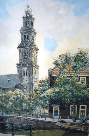 Cornelis Brandenburg - Westertoren Amsterdam - heldere kleurets izgst verkocht voor € 75!