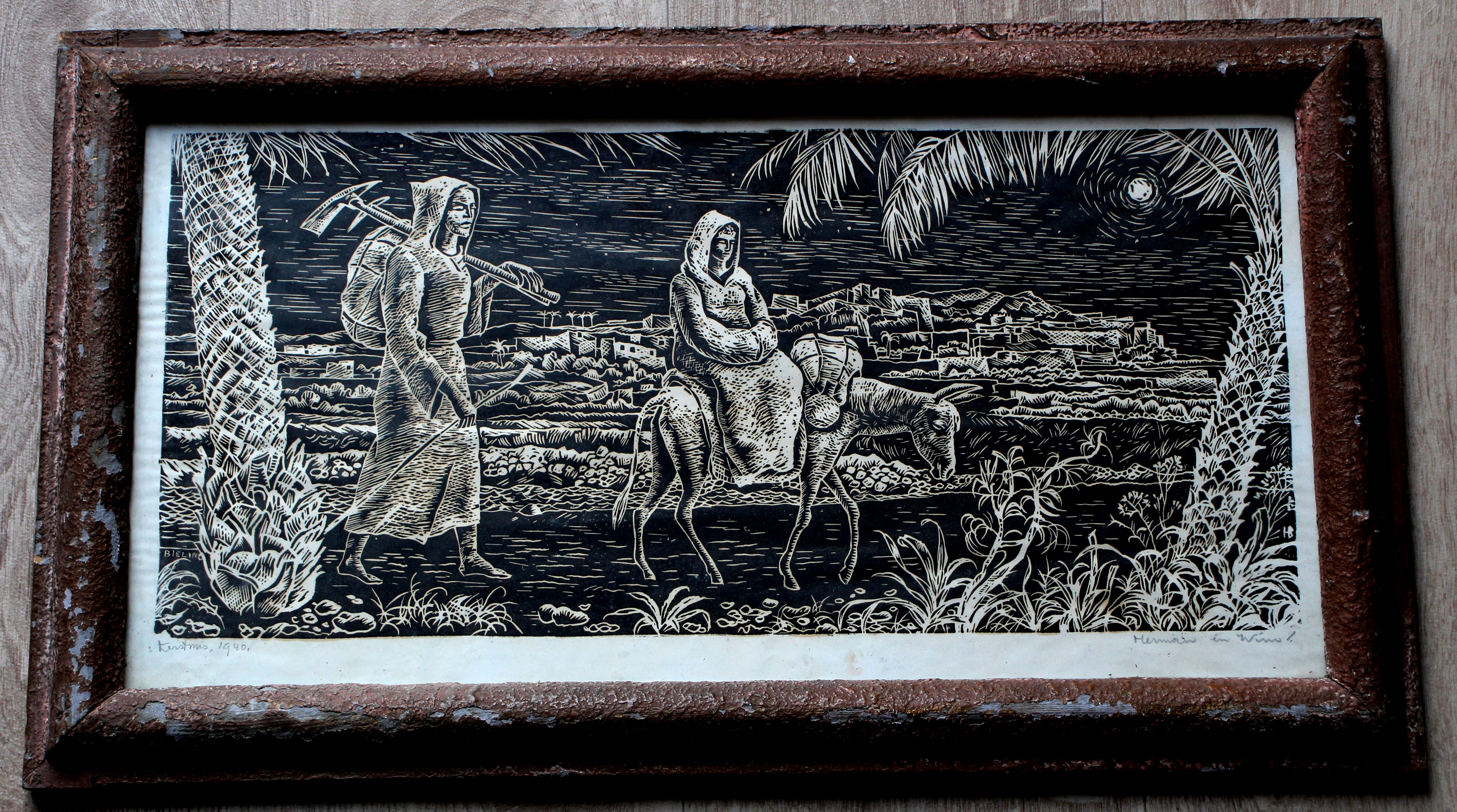 Herman Bieling - ingelijste houtsnede: Kerstmis 1940 kopen? Bied vanaf 55!