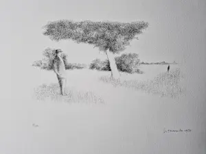 Metten Koornstra - Grote verstilde Ets - 1975 - man in landschap - oplage 67/100 - potloodgesign. kaufen? Bieten Sie von 46!