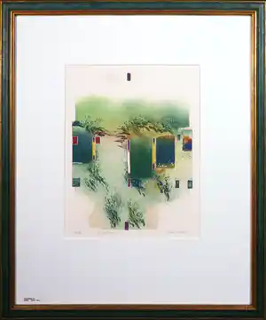 Francis Mean - Gemengde techniek op papier, Abstract landschap - Ingelijst verkocht voor € 40!