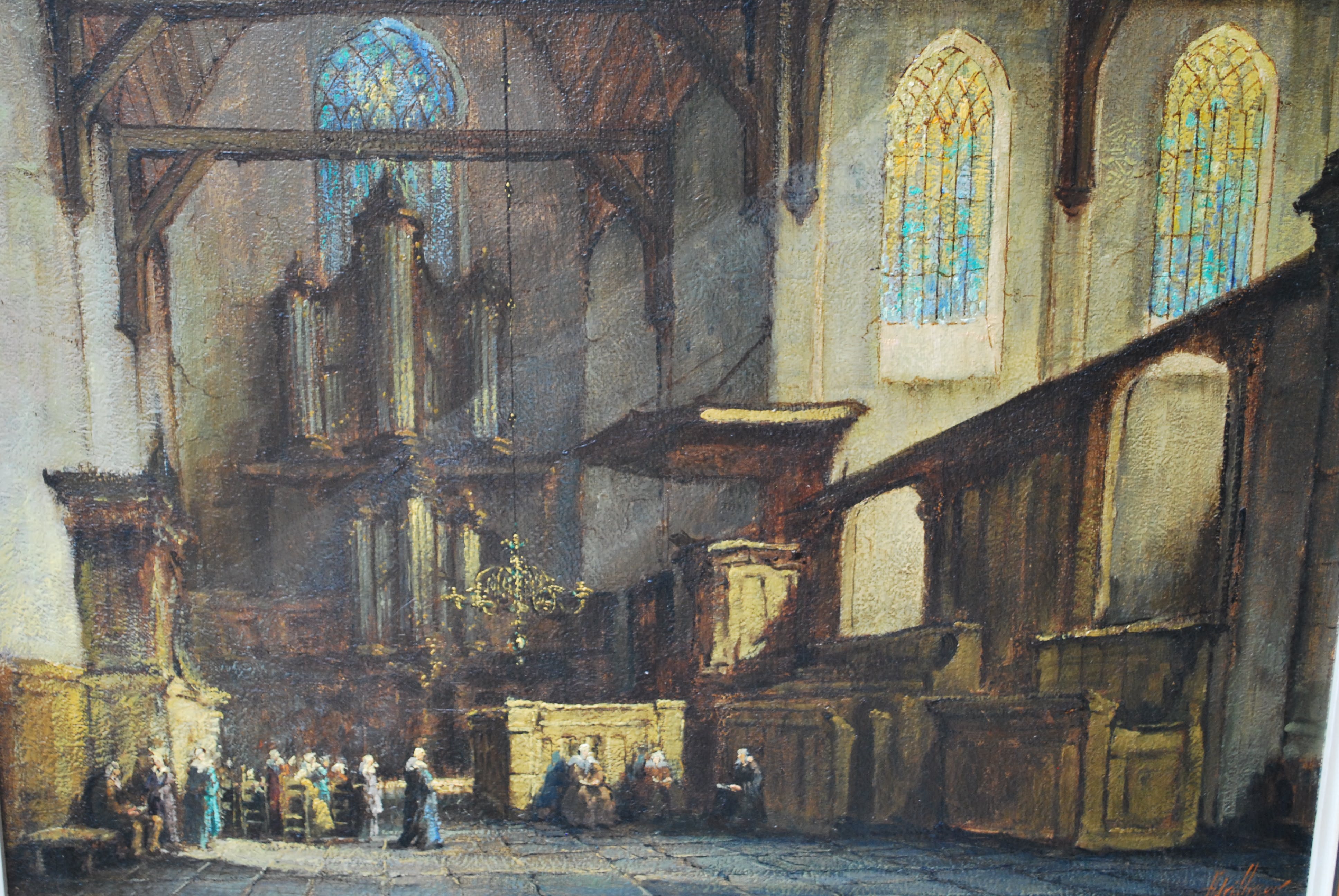 Adri Visser - 1887-1969 Kerkinterieur met kerkgangers verkocht voor € 325!