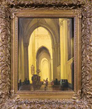 Niet of onleesbaar gesigneerd - Olieverf op doek, Kerinterieur - Ingelijst verkocht voor € 1!