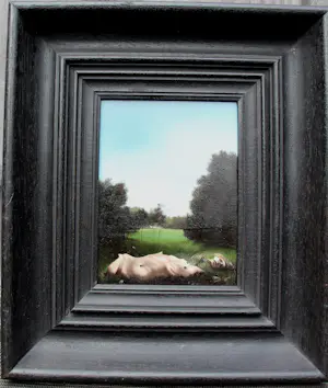 Herman van Rossum - Ingelijste olieverf op paneel: Liggende vrouw in landschap - 1975 kopen? Bied vanaf 595!