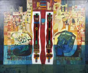 Bert Grotjohann - Gemengde techniek op doek, De vrolijke stad II - Ingelijst (Groot) kopen? Bied vanaf 100!