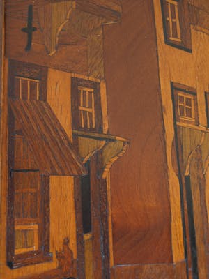 Curiosa - Houtsnijwerk / mozaïek , Stadsgezicht – ingelijst - oud kopen? Bied vanaf 1!