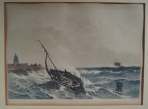 Andreas Schelfhout - zeegezicht vissersboot in de branding op Scheveningen kopen? Bied vanaf 60!
