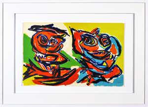 Karel Appel - Compositie, litho in kleur, fraai zwevend gelijst verkocht voor € 799!