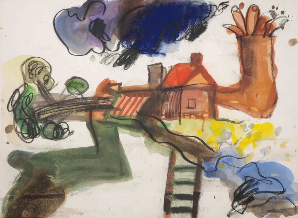 Anton Martineau - Anton Martineau: Aquarel en Krijt, Figuur en huisje verkocht voor € 40!