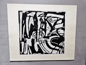 Ria Exel - Nieuwe Haagse School - abstracte monochrome linosnede jaren 50 - gesigneerd kopen? Bied vanaf 34!