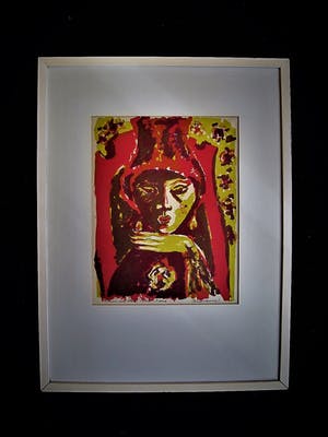 Flip van der Burgt - Mooie grote 1e druk Kleurhoutsnede "Vrouw met doek" gesigneerd kopen? Bied vanaf 10!