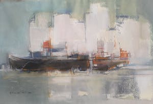 Theresia van der Pant - Schepen voor zonovergoten skyline, tekening met pastelkrijt kopen? Bied vanaf 350!