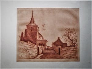 AcheterTon Meyer - 1932- Verstilde zachtrode Lithografie - het dorp Kanne Zuid-Limburg - gesigneerd? Enchérissez de 29!